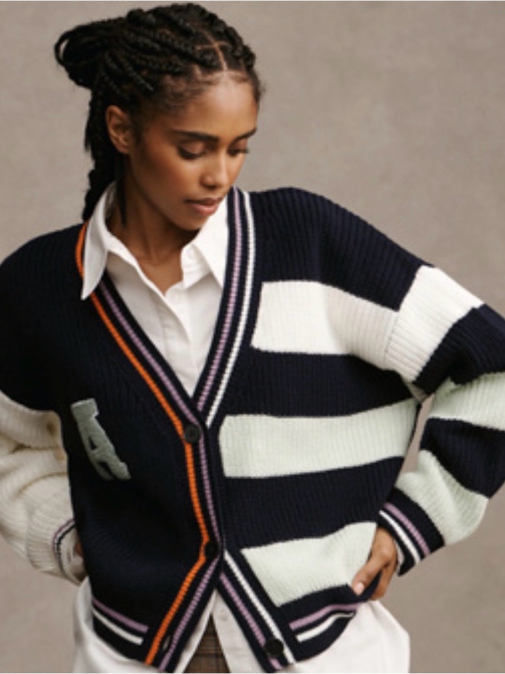 Anthropologie Navy, Cream & Orange Striped V-Neck Cardigan